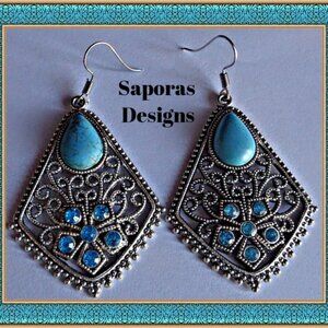 Tibetan Silver & Turquoise Dangle Earrings With Blue Flower Crystal Designs